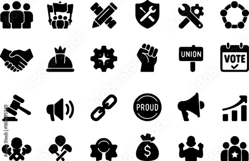 Collection of diverse icons representing labor rights unity and social justice movements