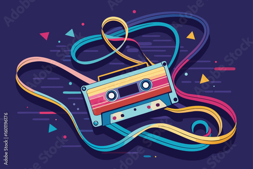 Floating Cassette Tape Unraveling into a Glowing Soundwave