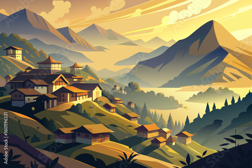 Fog Laced Mountain Village Rooftops with Terraced Fields