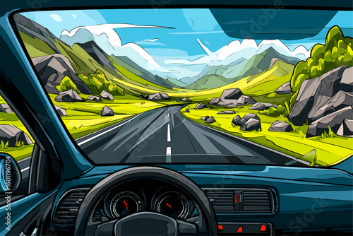 Road Trip Adventure: Scenic View from a Car's Perspective