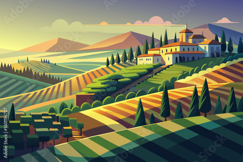 Geometric Vineyard Terraces Glowing Under an Early Moon