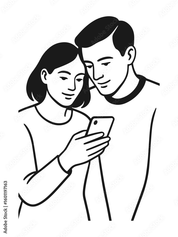 Fototapeta premium Young Couple Looking at Smartphone, Man and Woman Sharing a Mobile Phone Line Art Illustration