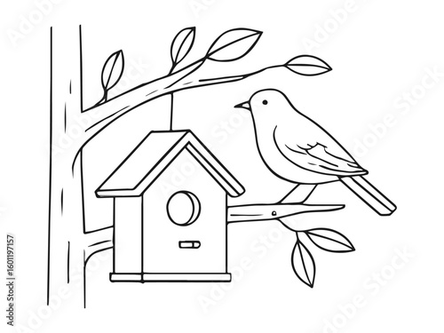 Bird with Birdhouse in a Tree, Black and White Line Art for Coloring Book Page