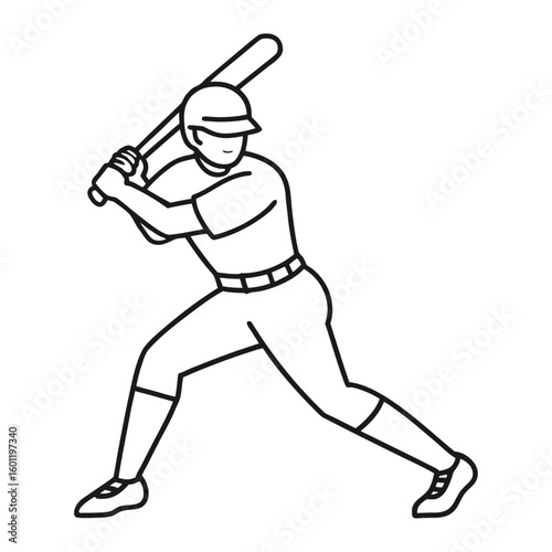 Baseball Player Batter in Stance, Sports Hitter Line Art Outline Illustration