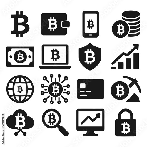 Bitcoin Cryptocurrency and Blockchain Technology Icon Set, Digital Finance and Mining Glyphs