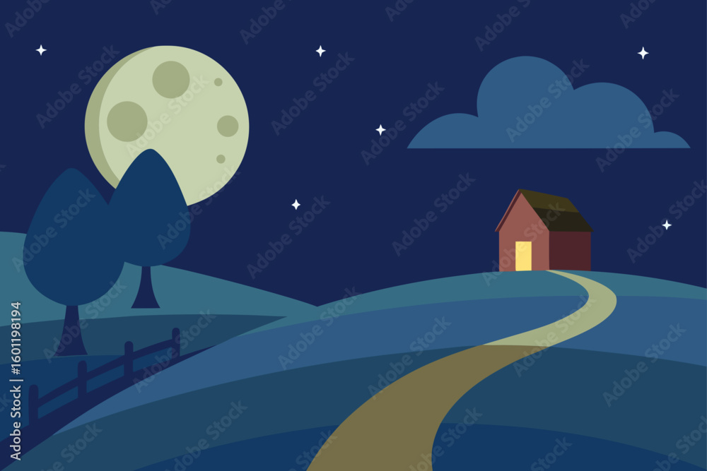 Naklejka premium Moonlit Farm Trail Vector Background Illustration