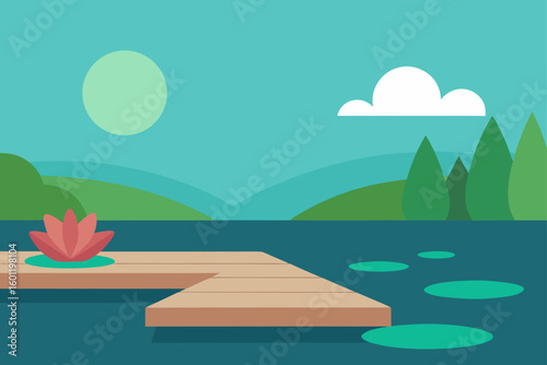 Minimal Landscape of a Lotus Pond and a Wood Deck