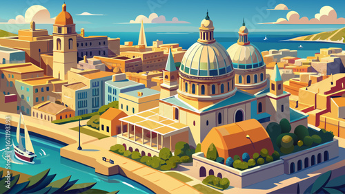  very Beautiful Aerial view of Lady of Mount Carmel church, St.Paul's Cathedral in Valletta city, Malta.