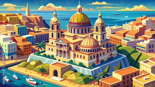  very Beautiful Aerial view of Lady of Mount Carmel church, St.Paul's Cathedral in Valletta city, Malta.