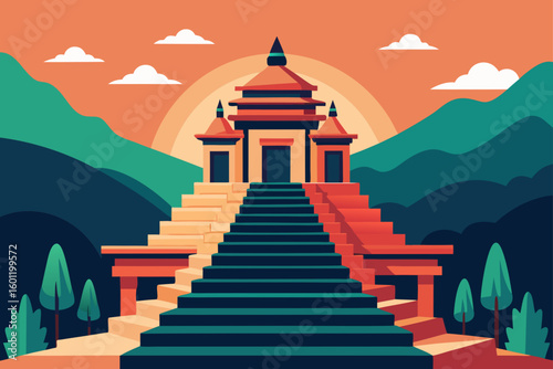 Stepped House Pattern Rising Toward a Temple Gate