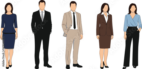 Stylized business people in diverse formal outfits, professional clothing character lineup, corporate fashion concept, cad drawing flat vector illustration design