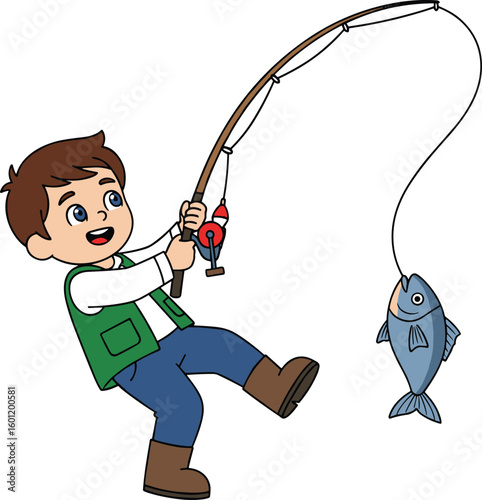 Cartoon child fishing with rod and hooked fish, colorful outdoor activity illustration for kids, cad drawing flat vector illustration