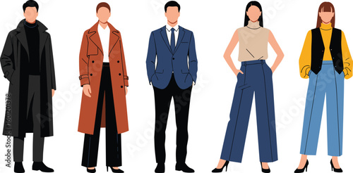 Stylized fashion figures in modern coats, suits, and high-waisted pants with heels, character lineup, cad drawing flat vector illustration design