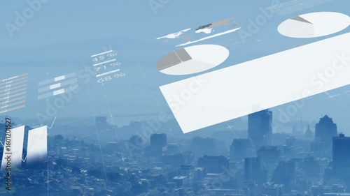 Hazy skyline opening sliding data overlays animating bar line pie gauge charts visualizing metrics