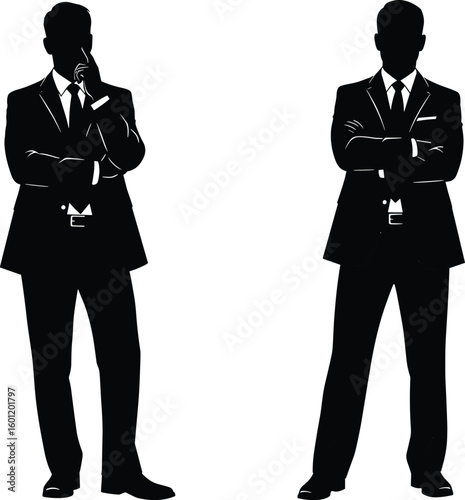 Silhouettes of two men in suits with crossed arms pose comparison, confident gesture study, cad drawing flat vector illustration design
