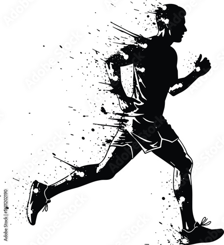 Silhouette runner in dynamic stride with motion splatter effect, energetic sports illustration for fitness and competition, cad drawing flat vector illustration