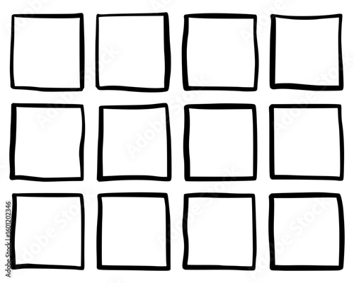 Twelve empty square frames drawn by hand with black marker, brush. Vector illustration of table of rectangular blocks in 3 rows and 4 columns on white isolated background.