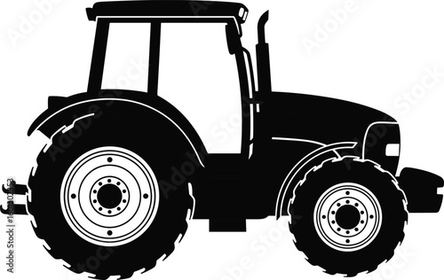 Black silhouette of farming tractor in side view with large wheels and cab, agricultural vehicle art, cad drawing flat vector illustration