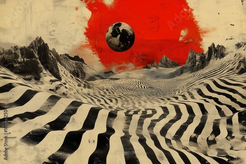 Abstract landscape with red sun, striped black and white fields, and surreal mountain silhouettes

