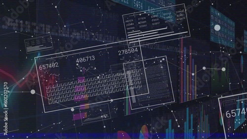 Numeric labels fading in over bar charts starting data panels sliding and rotating visualizing data