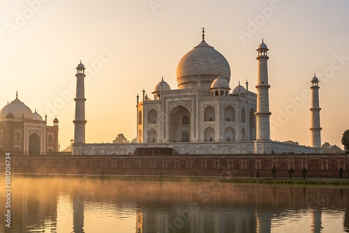 Stunning Taj Mahal reflecting in river at sunrise India Mughal architecture landmark travel destination tourism iconic historical site golden hour