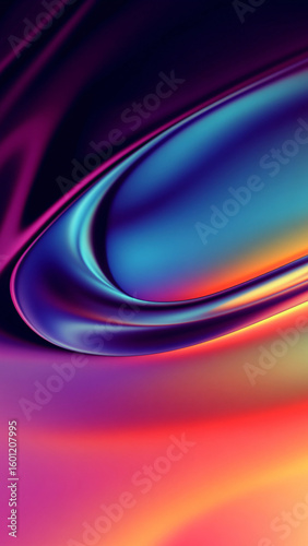 Streaks of vibrant colors, including blue, purple, and red, swirl and curve dynamically against a dark backdrop