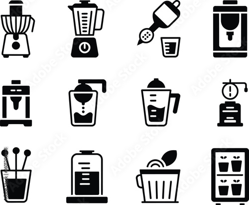 Collection of kitchen appliance icons for healthy drinks and food preparation
