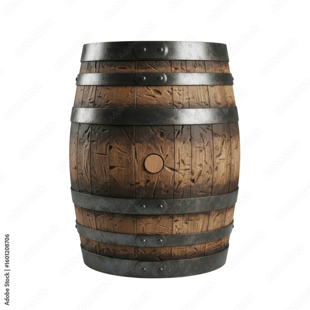 Fototapeta premium Rustic wooden barrel with metal bands on transparent background