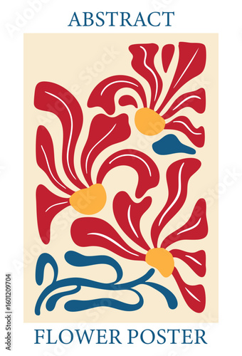 Trendy abstract poster design with groovy botanical illustration with nostalgic 70s vibe. Modern style flowers and wavy shapes good for a poster, cover or social media