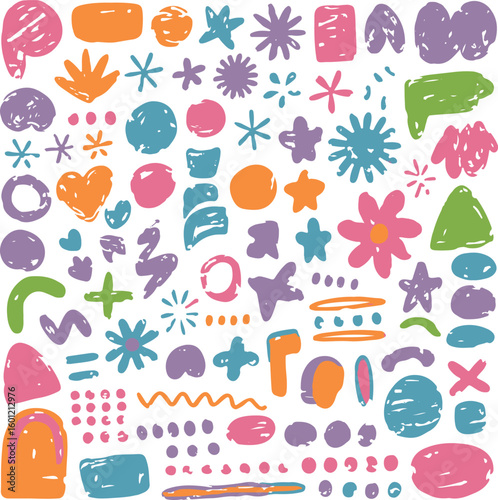 Playful Pastel Doodle Collection: Hand-drawn Shapes & Icons, Vibrant, cheerful collection of hand-drawn doodles in pastel colors. Perfect for backgrounds, patterns, and designs
