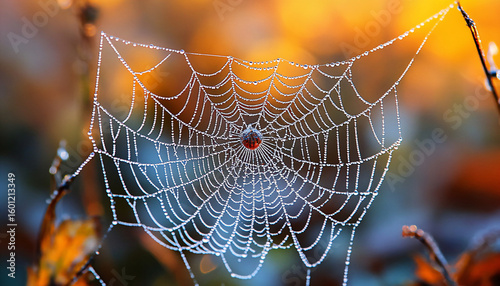 Spider web glistens with morning dew
