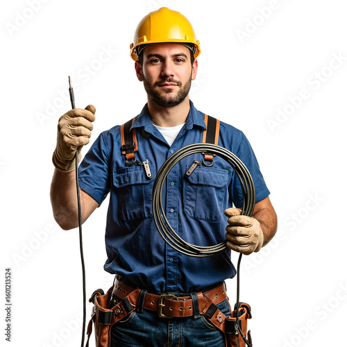 A focused electrician in uniform holding a coiled wire ready for work Isolated on a clean white background for versatile use