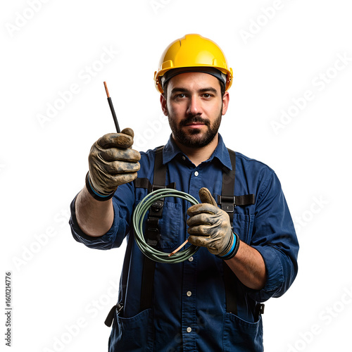 A focused electrician in uniform holding a coiled wire ready for work Isolated on a clean white background for versatile use