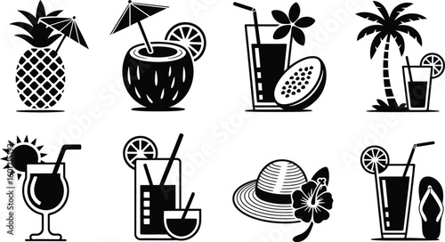Tropical summer drinks and beach accessories collection