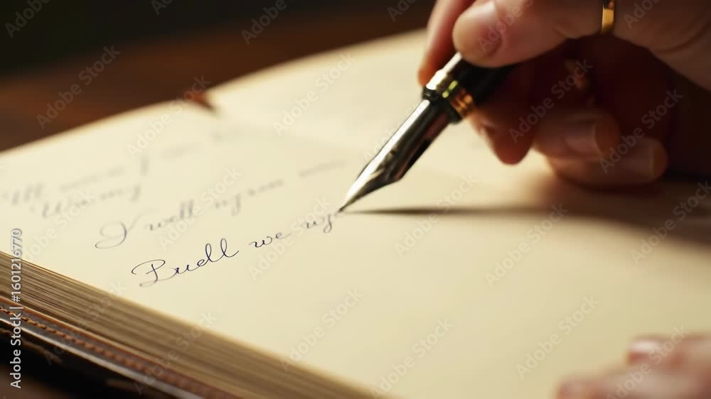 Elegant handwriting in progress: closeup of fountain pen writing on open journal pages