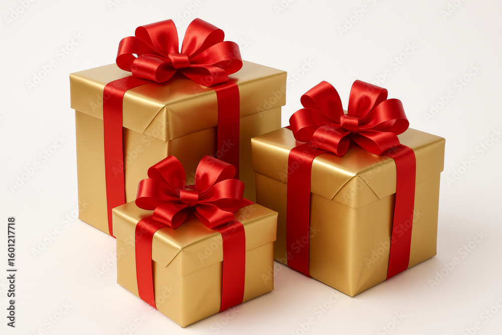 Obraz premium Stacked Luxurious Gold Gift Boxes with Red Bows – Festive Holiday Celebration Concept on White Background