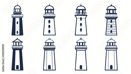 Collection of eight hand drawn lighthouse illustrations in a vintage style