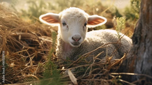 A baby sheep is laying in the grass. It has two ears and a nose. The sheep is white