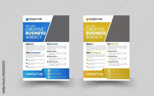 2 modern A4 flyer templates in a creative bundle, professional business designs, clean minimalist corporate layouts, abstract IT company flyers, editable brochures, templates for all purposes.