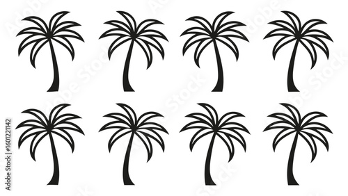 Collection of eight black and white palm tree silhouettes on a white background