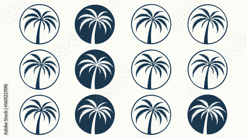 Pattern of oval shapes with stylized palm trees in navy blue and white