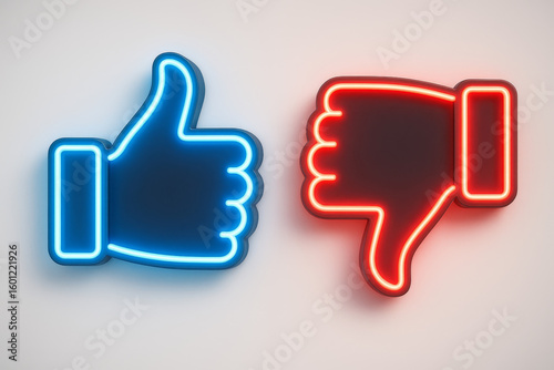 3D Neon Thumbs Up and Down Icons – Glowing Like and Dislike Symbols for Social Media Feedback