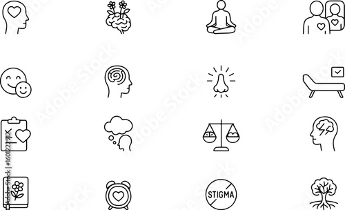 Collection of hand drawn icons representing mental health and well being concepts