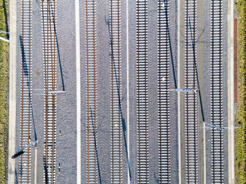 Aerial top down view of multi lane railroad track