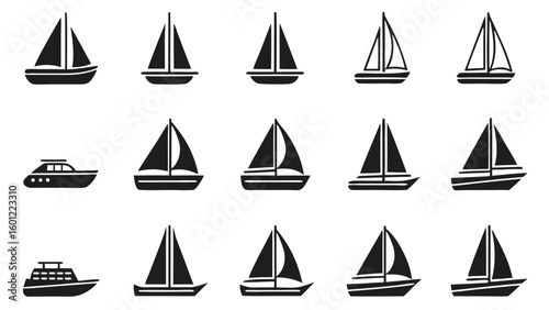 Collection of sailboat and boat icons in black and white