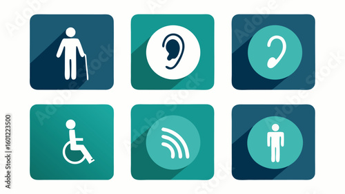 Collection of accessibility icons representing disability and hearing impairment