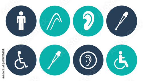 Collection of accessibility icons representing people with disabilities and medical aids