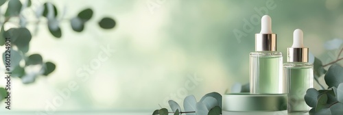 Sustainable skincare product banner for beauty websites and blogs, eco-friendly glass containers with eucalyptus, 3:1 header image in soft green tones, copy space on left for natural branding