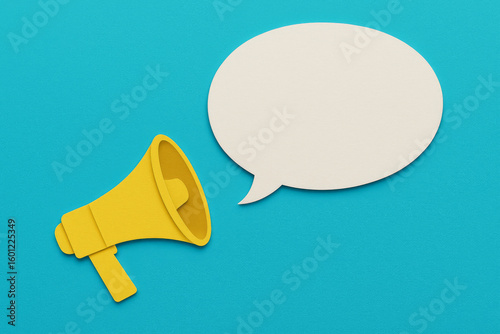Minimal Paper Cutout Megaphone and Speech Bubble on Cyan Background – Social Media Announcement Template