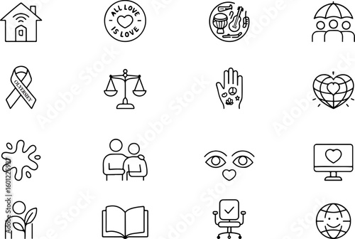 Collection of hand drawn icons representing social causes and human well being